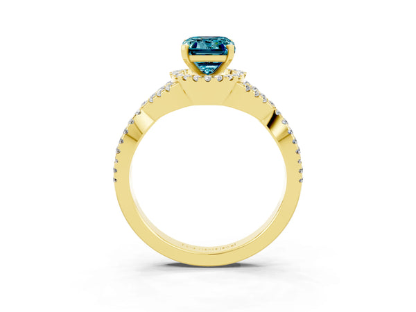 Yellow gold Emerald Cut Blue Topaz  Halo Twist Band Solitaire Prong Setting Ring