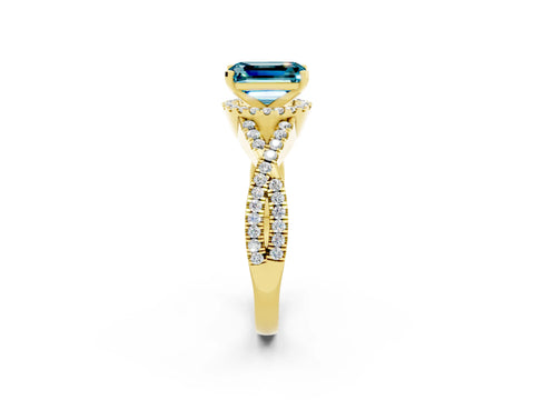 Yellow gold Emerald Cut Blue Topaz Halo Twist Band Solitaire Prong Setting Ring_2