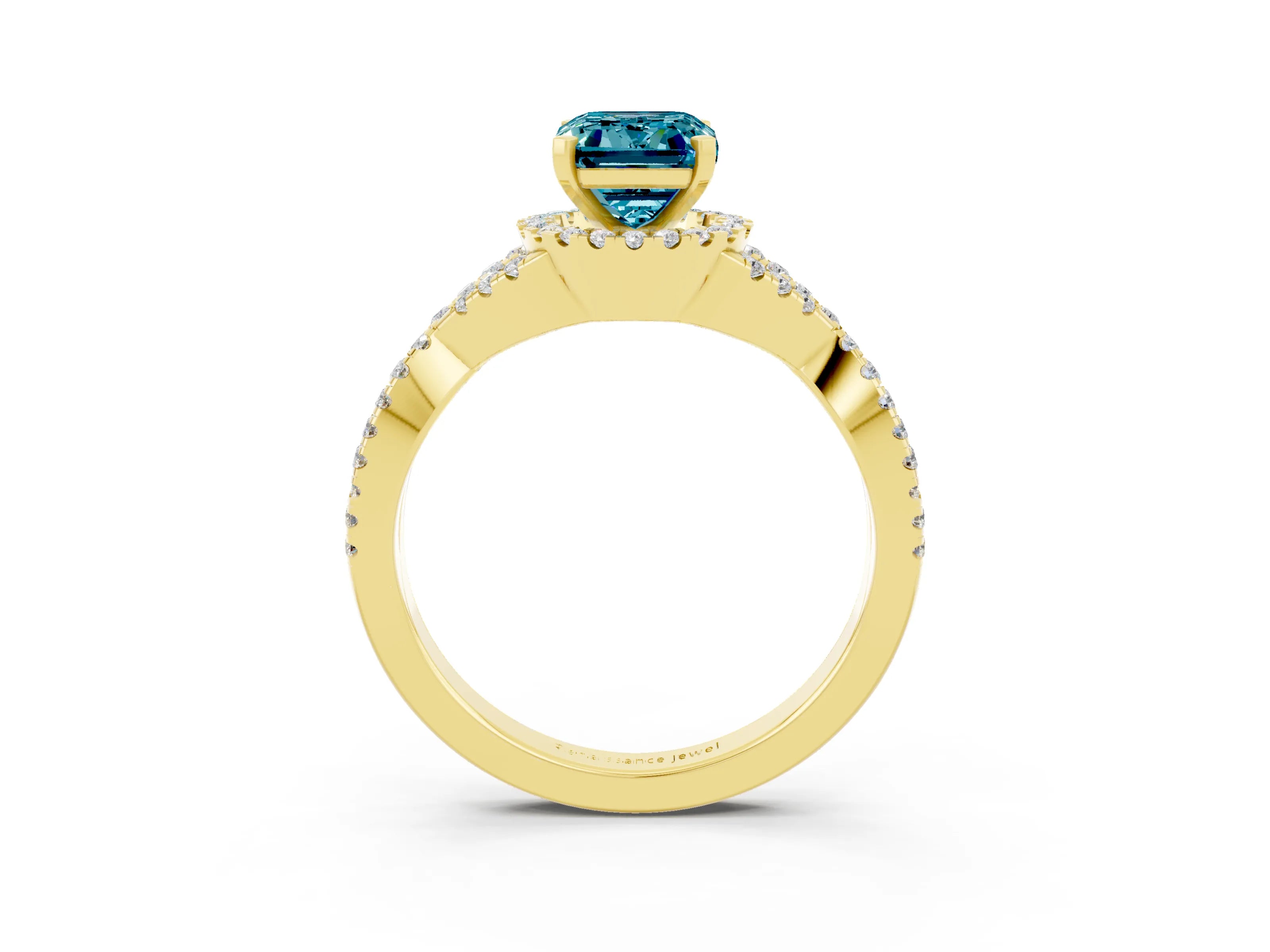 Yellow gold Emerald Cut Blue Topaz Halo Twist Band Solitaire Prong Setting Ring_3