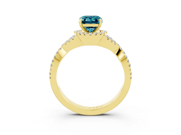Yellow gold Emerald Cut Blue Topaz  Halo Twist Band Solitaire Prong Setting Ring