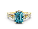 Yellow gold Emerald Cut Blue Topaz  Halo Twist Band Solitaire Prong Setting Ring_36