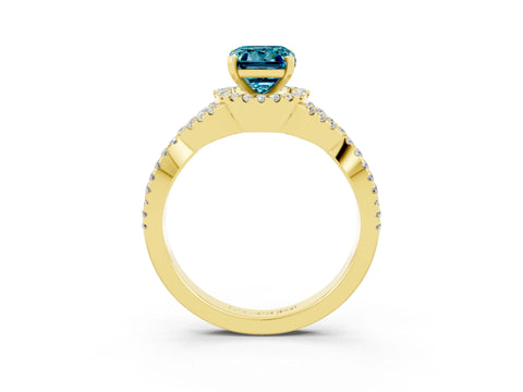 Yellow gold Emerald Cut Blue Topaz Halo Twist Band Solitaire Prong Setting Ring_3