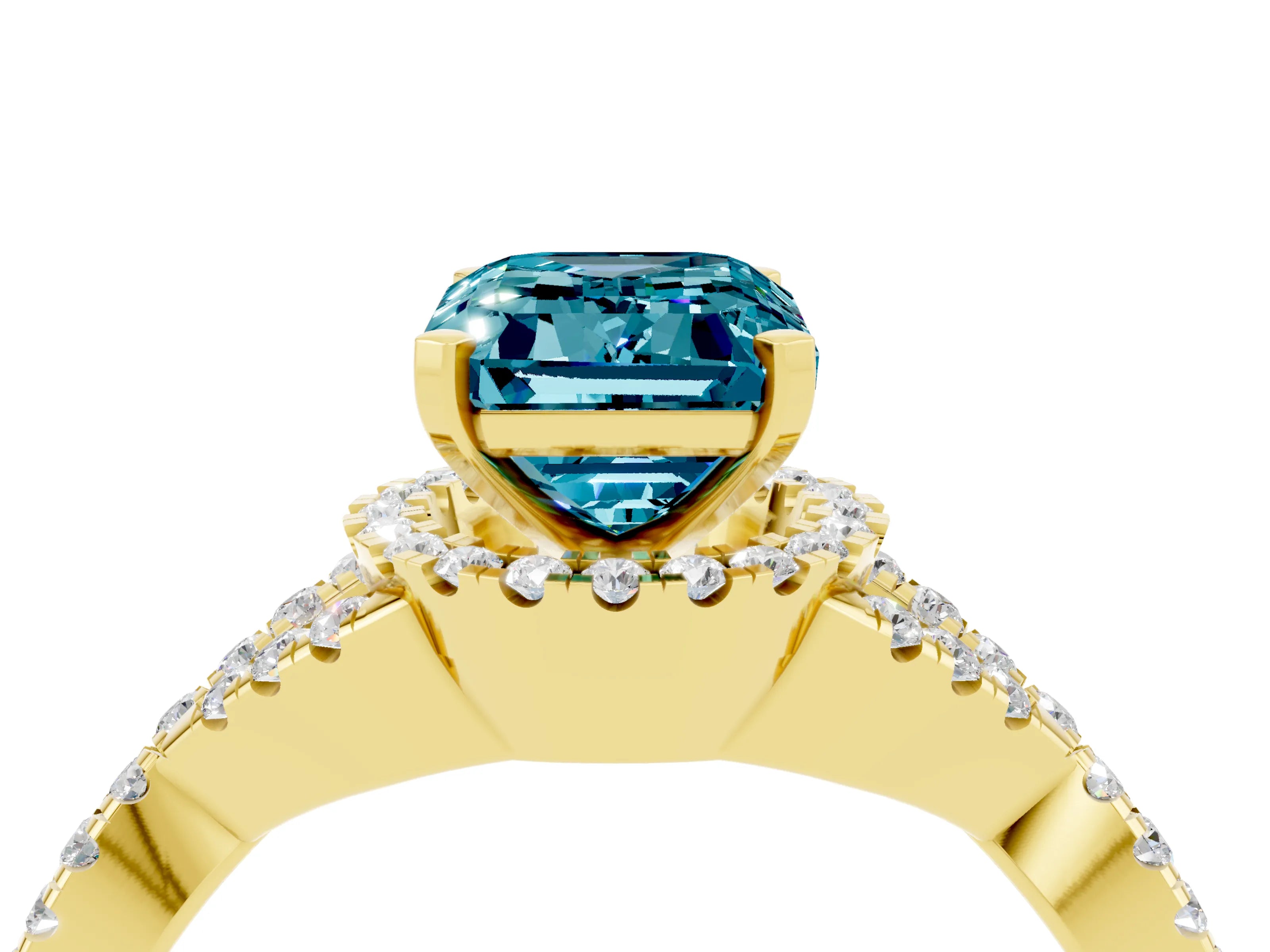 Yellow gold Emerald Cut Blue Topaz Halo Twist Band Solitaire Prong Setting Ring_4
