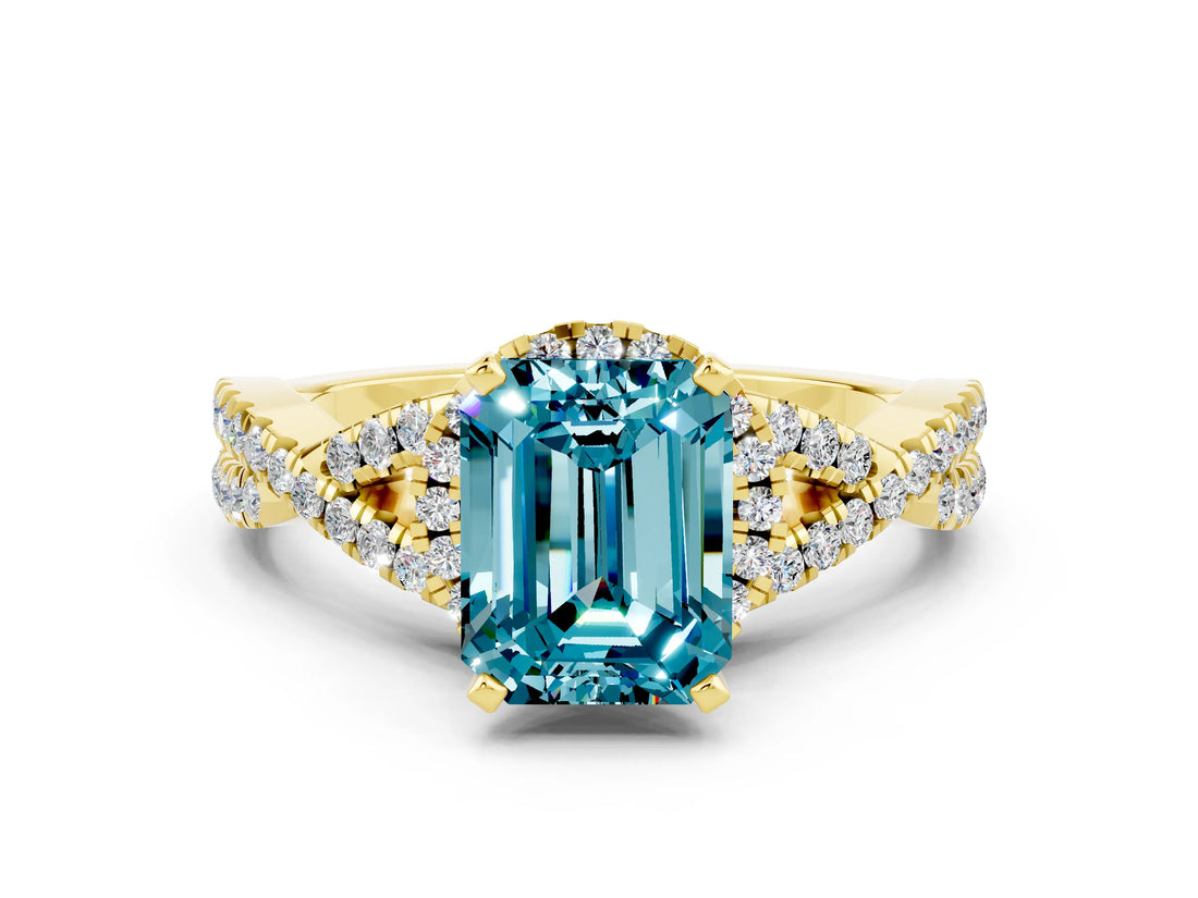 Yellow gold Emerald Cut Blue Topaz  Halo Twist Band Solitaire Prong Setting Ring_42
