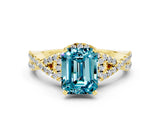 Yellow gold Emerald Cut Blue Topaz  Halo Twist Band Solitaire Prong Setting Ring_42