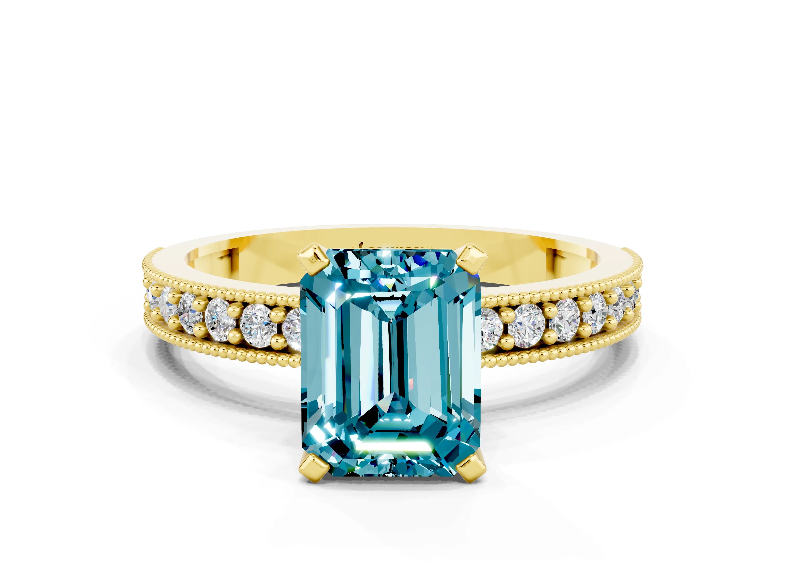 Yellow gold Emerald Cut Blue Topaz Milgrain Pavé Engagement Ring with Four-Prong Setting_12