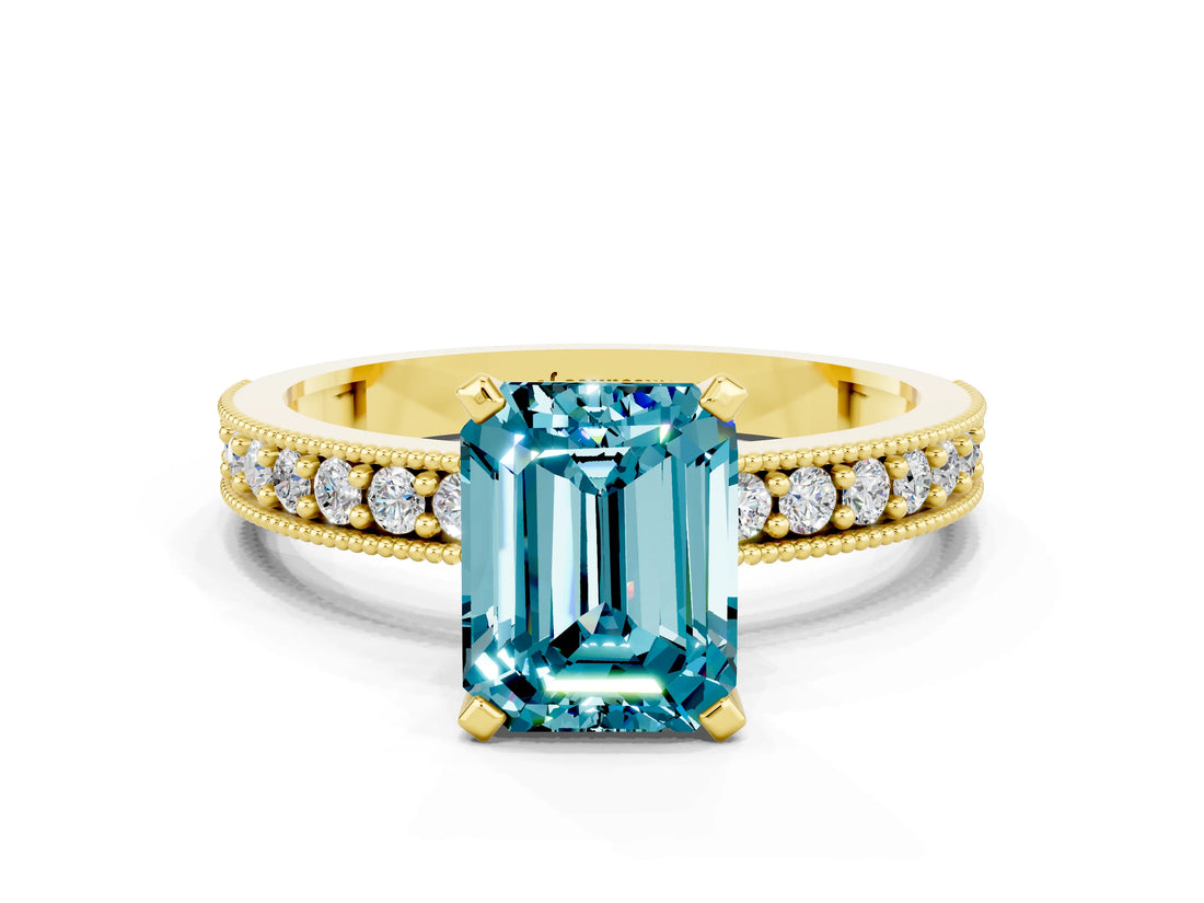 Yellow gold Emerald Cut Blue Topaz Milgrain Pavé Engagement Ring with Four-Prong Setting_12