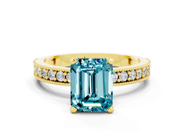 Yellow gold Emerald Cut Blue Topaz Milgrain Pavé Engagement Ring with Four-Prong Setting