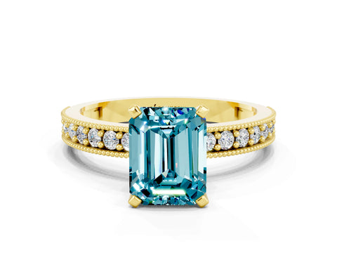 Yellow gold Emerald Cut Blue Topaz Milgrain Pavé Engagement Ring with Four-Prong Setting_12