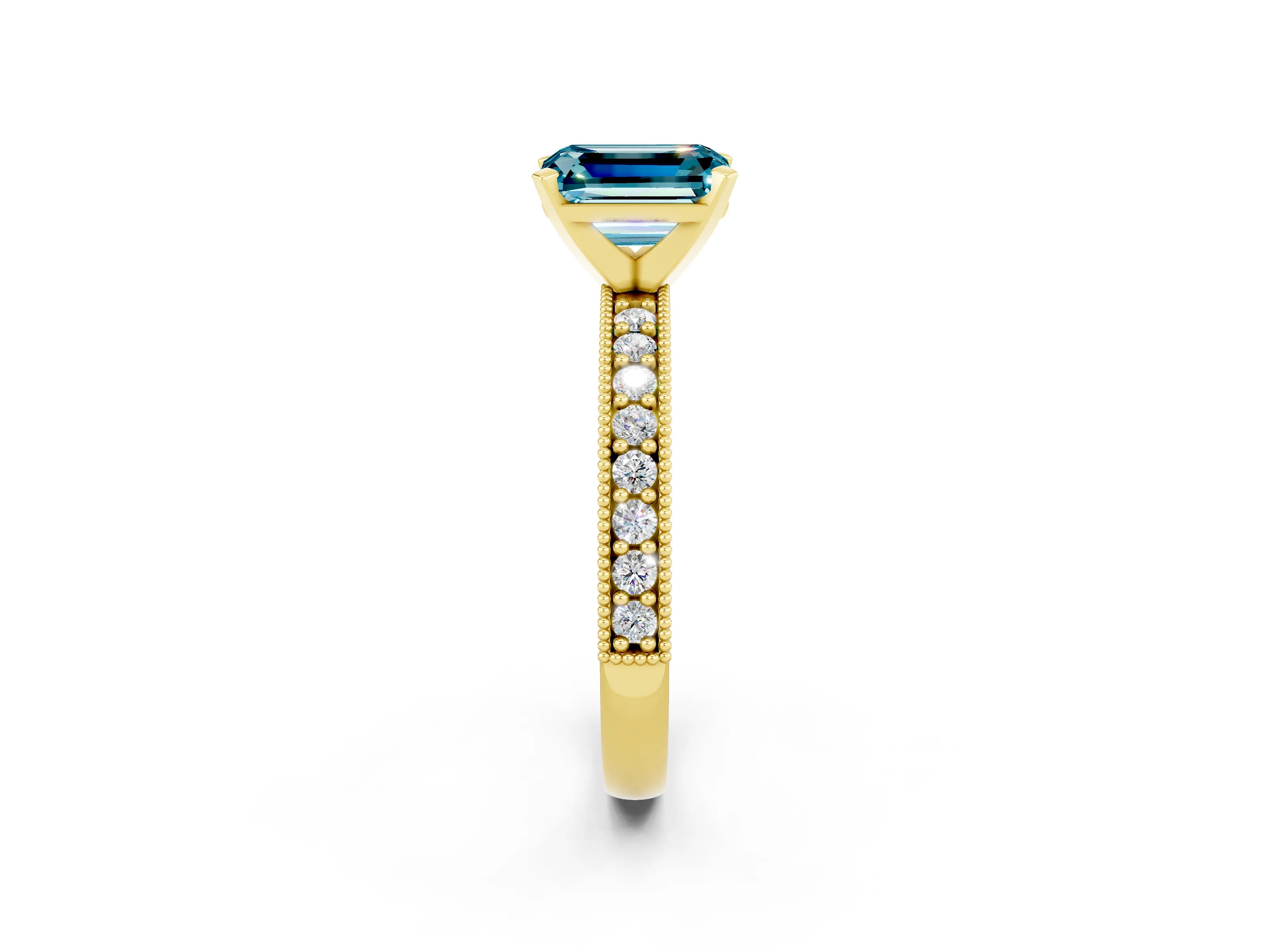 Yellow gold Emerald Cut Blue Topaz Milgrain Pavé Engagement Ring with Four-Prong Setting_14