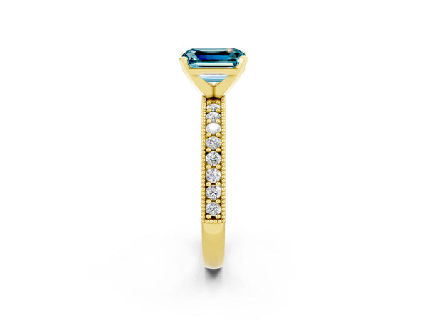 Yellow gold Emerald Cut Blue Topaz Milgrain Pavé Engagement Ring with Four-Prong Setting