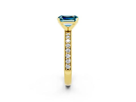 Yellow gold Emerald Cut Blue Topaz Milgrain Pavé Engagement Ring with Four-Prong Setting_14