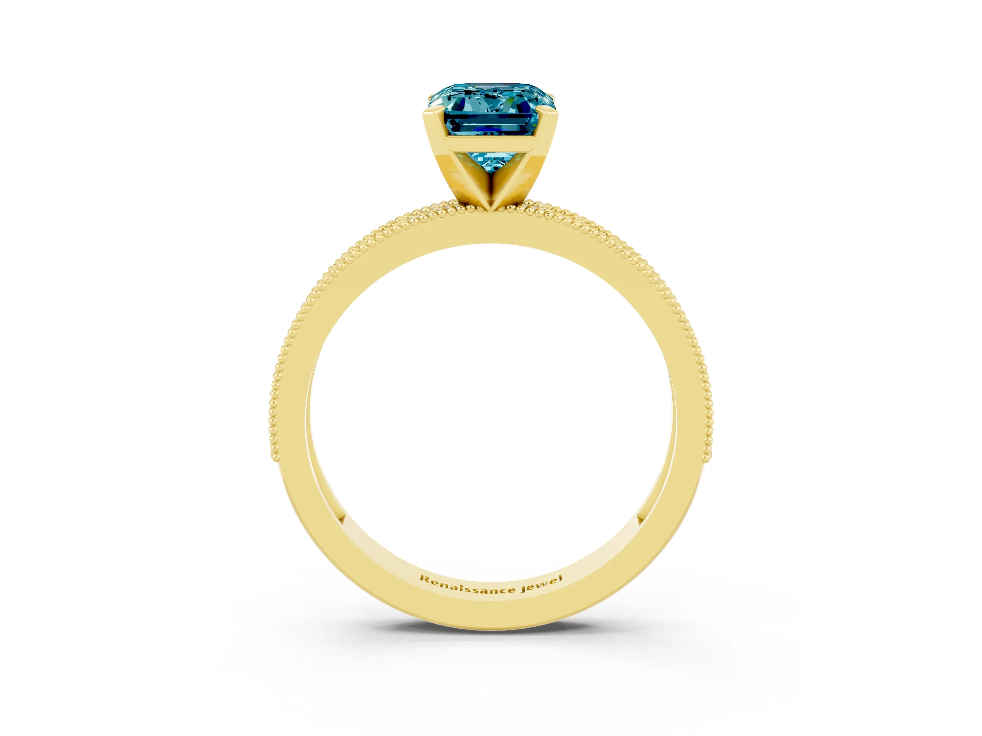Yellow gold Emerald Cut Blue Topaz Milgrain Pavé Engagement Ring with Four-Prong Setting_15