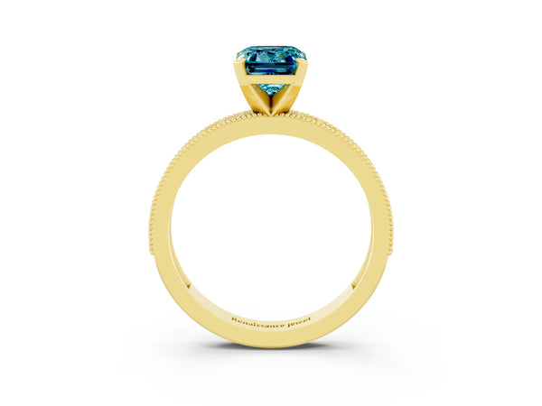 Yellow gold Emerald Cut Blue Topaz Milgrain Pavé Engagement Ring with Four-Prong Setting