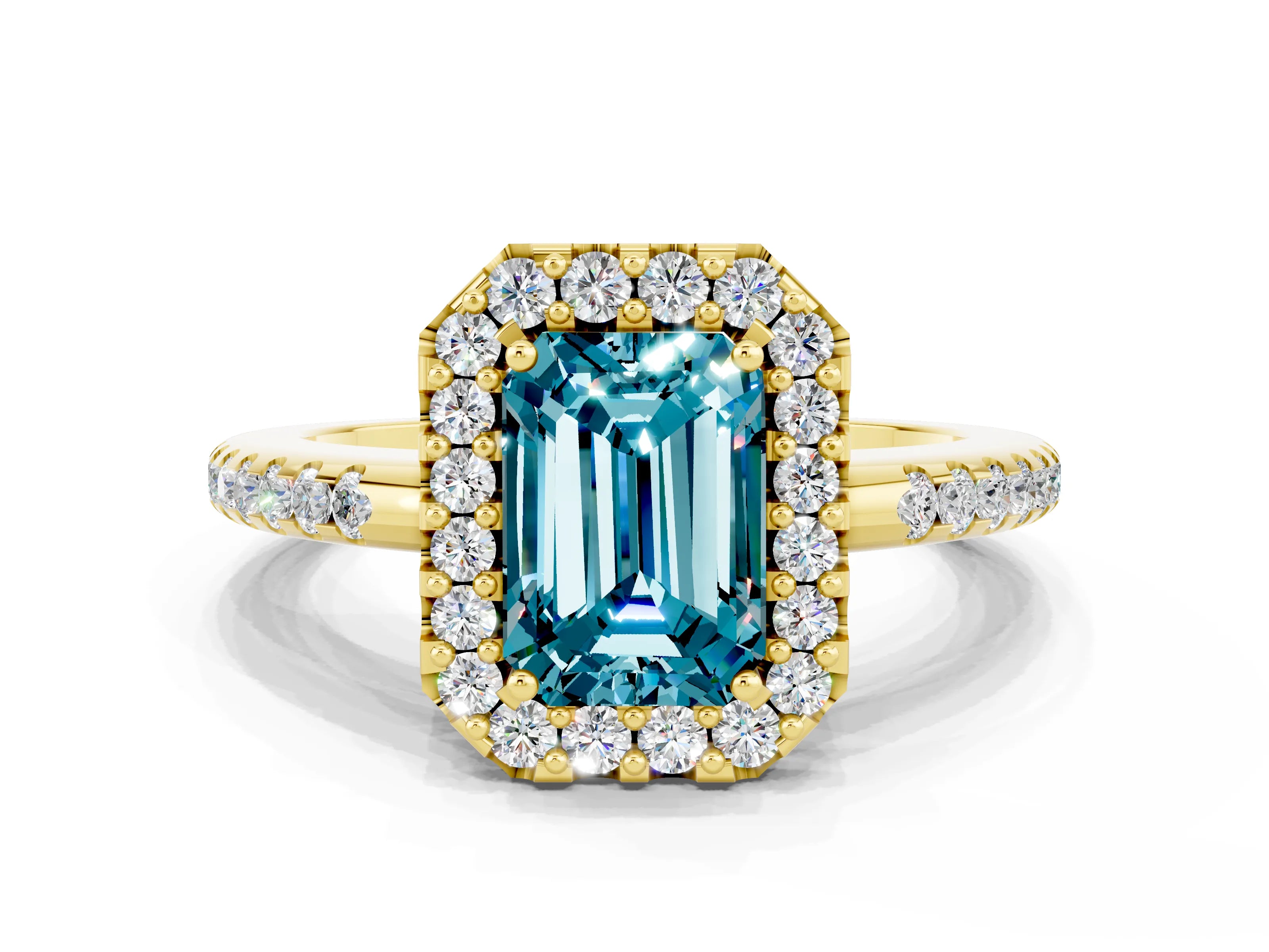 Yellow gold Emerald Cut Blue Topaz Pavé Halo Ring with Four-Prong Setting_12