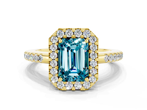 Yellow gold Emerald Cut Blue Topaz Pavé Halo Ring with Four-Prong Setting_12