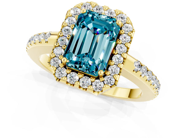 Yellow gold Emerald Cut Blue Topaz Pavé Halo Ring with Four-Prong Setting