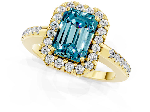 Yellow gold Emerald Cut Blue Topaz Pavé Halo Ring with Four-Prong Setting_13