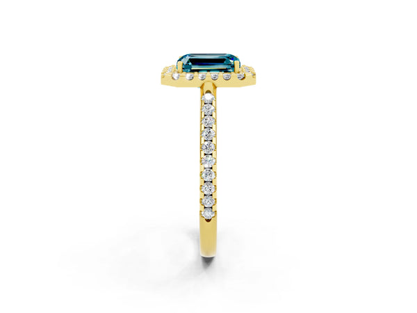 Yellow gold Emerald Cut Blue Topaz Pavé Halo Ring with Four-Prong Setting