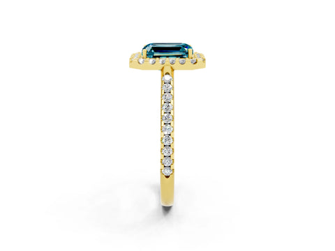 Yellow gold Emerald Cut Blue Topaz Pavé Halo Ring with Four-Prong Setting_14