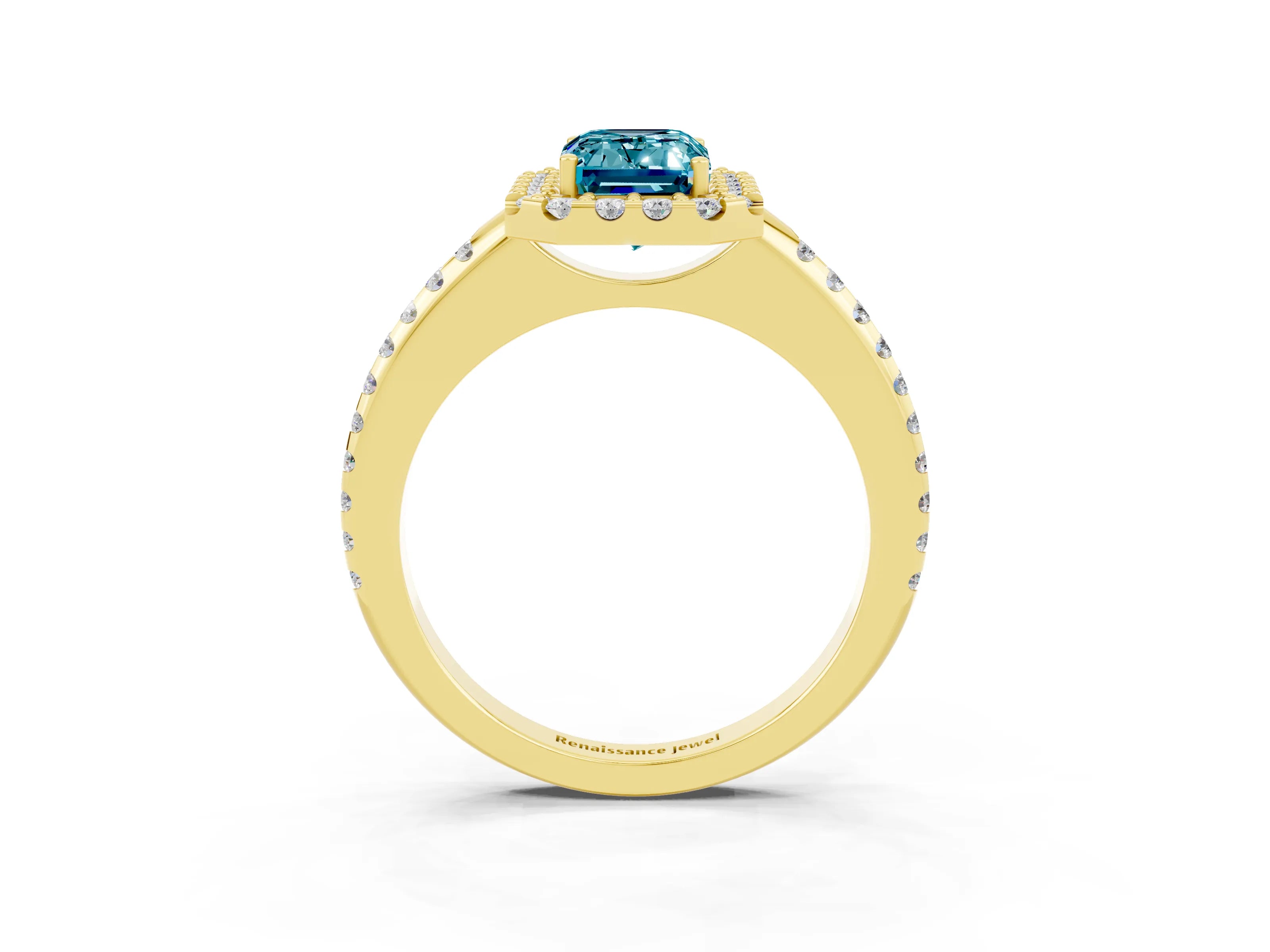 Yellow gold Emerald Cut Blue Topaz Pavé Halo Ring with Four-Prong Setting_15