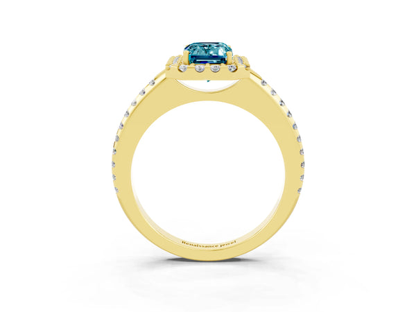 Yellow gold Emerald Cut Blue Topaz Pavé Halo Ring with Four-Prong Setting