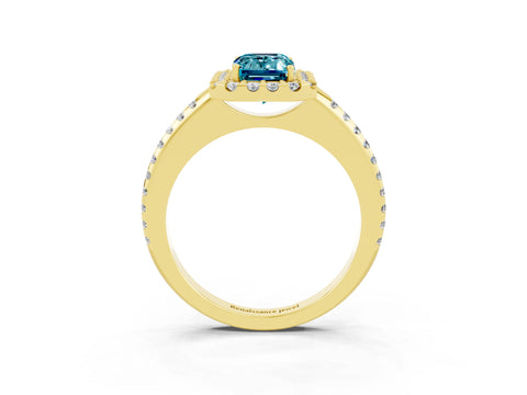 Yellow gold Emerald Cut Blue Topaz Pavé Halo Ring with Four-Prong Setting_15