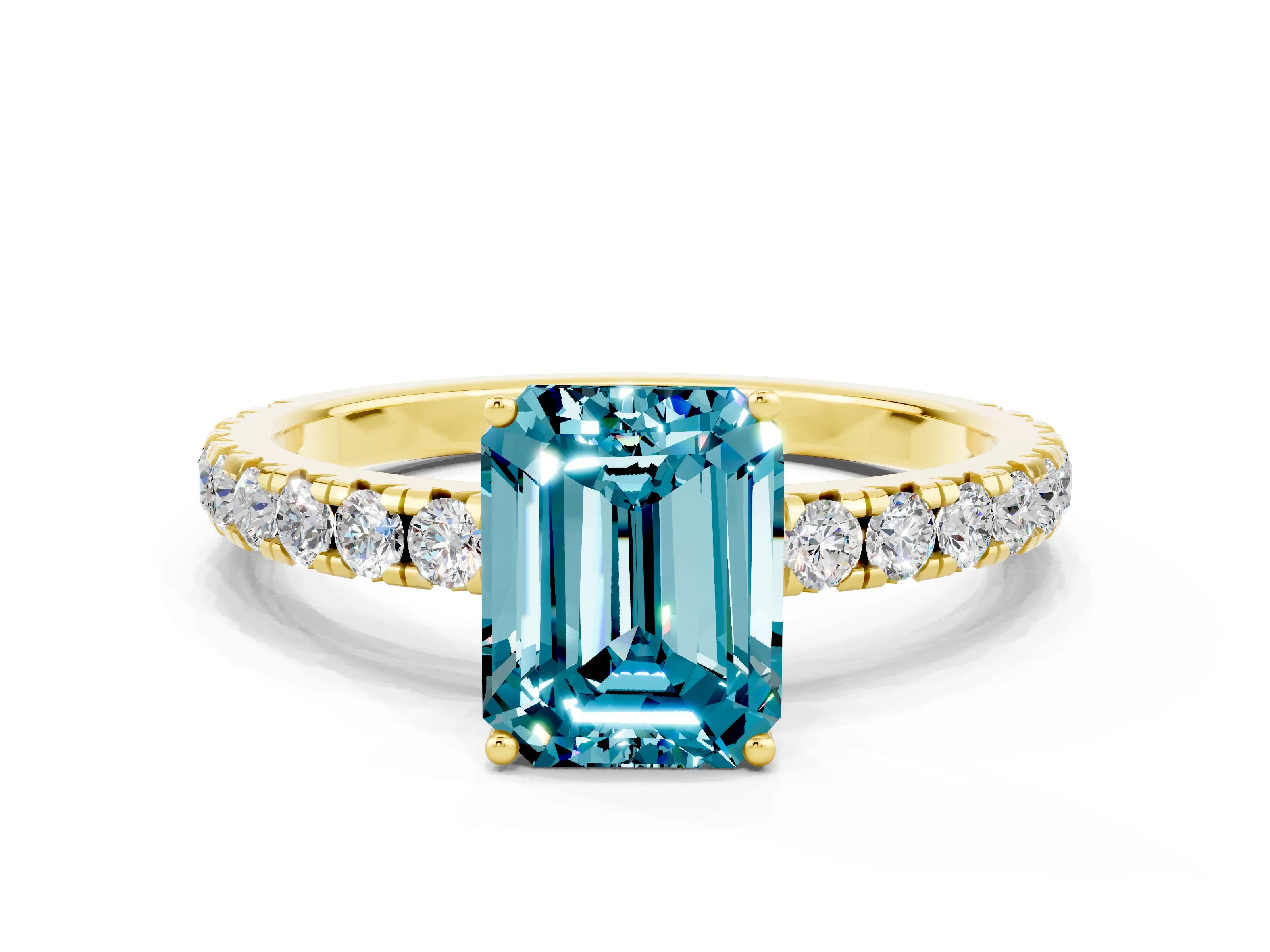 Yellow gold Emerald Cut Blue Topaz Pavé Solitaire Engagement Ring with Four-Prong Setting_12