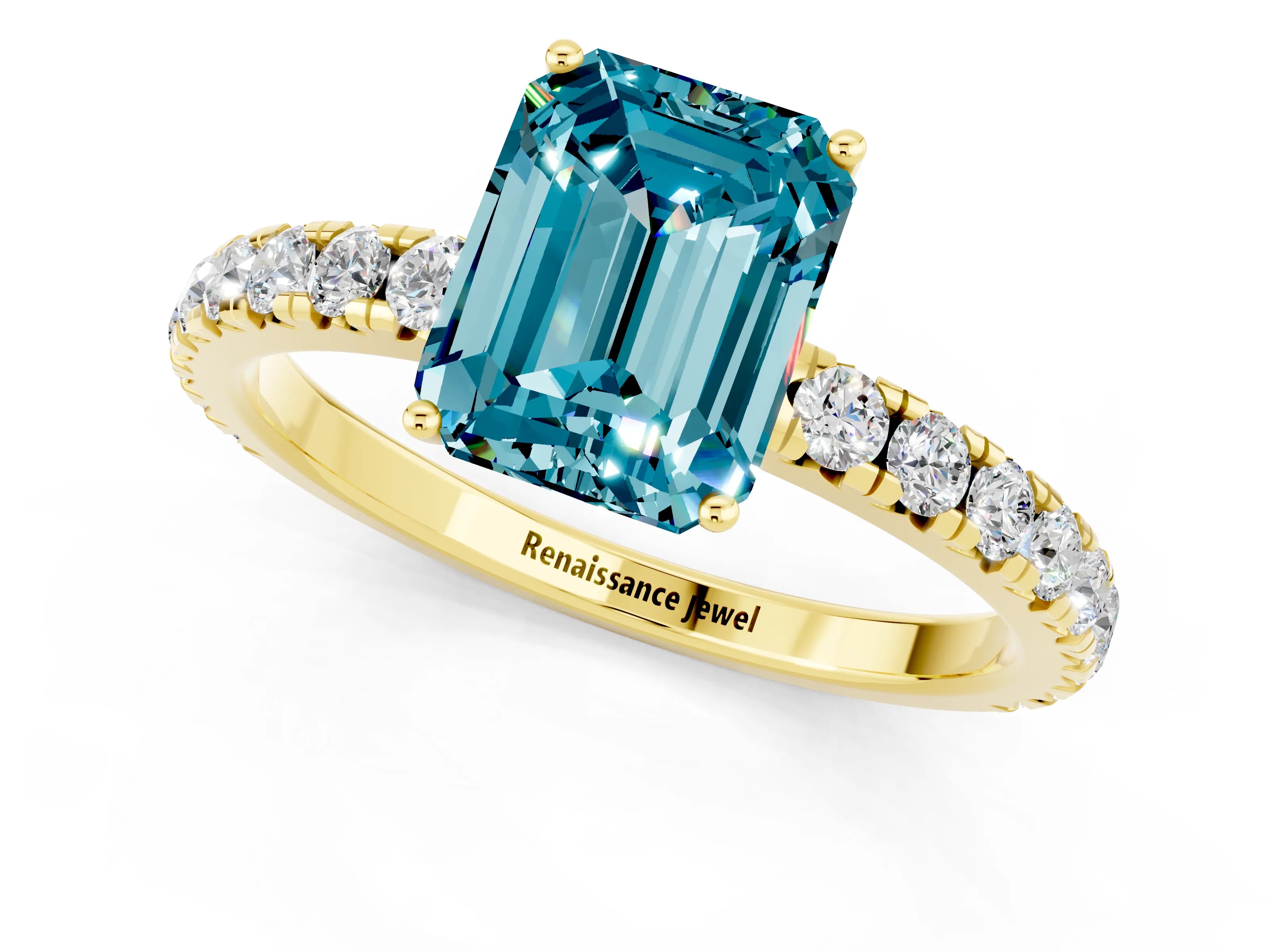 Yellow gold Emerald Cut Blue Topaz Pavé Solitaire Engagement Ring with Four-Prong Setting_13