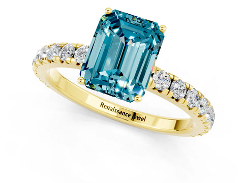 Yellow gold Emerald Cut Blue Topaz Pavé Solitaire Engagement Ring with Four-Prong Setting_13