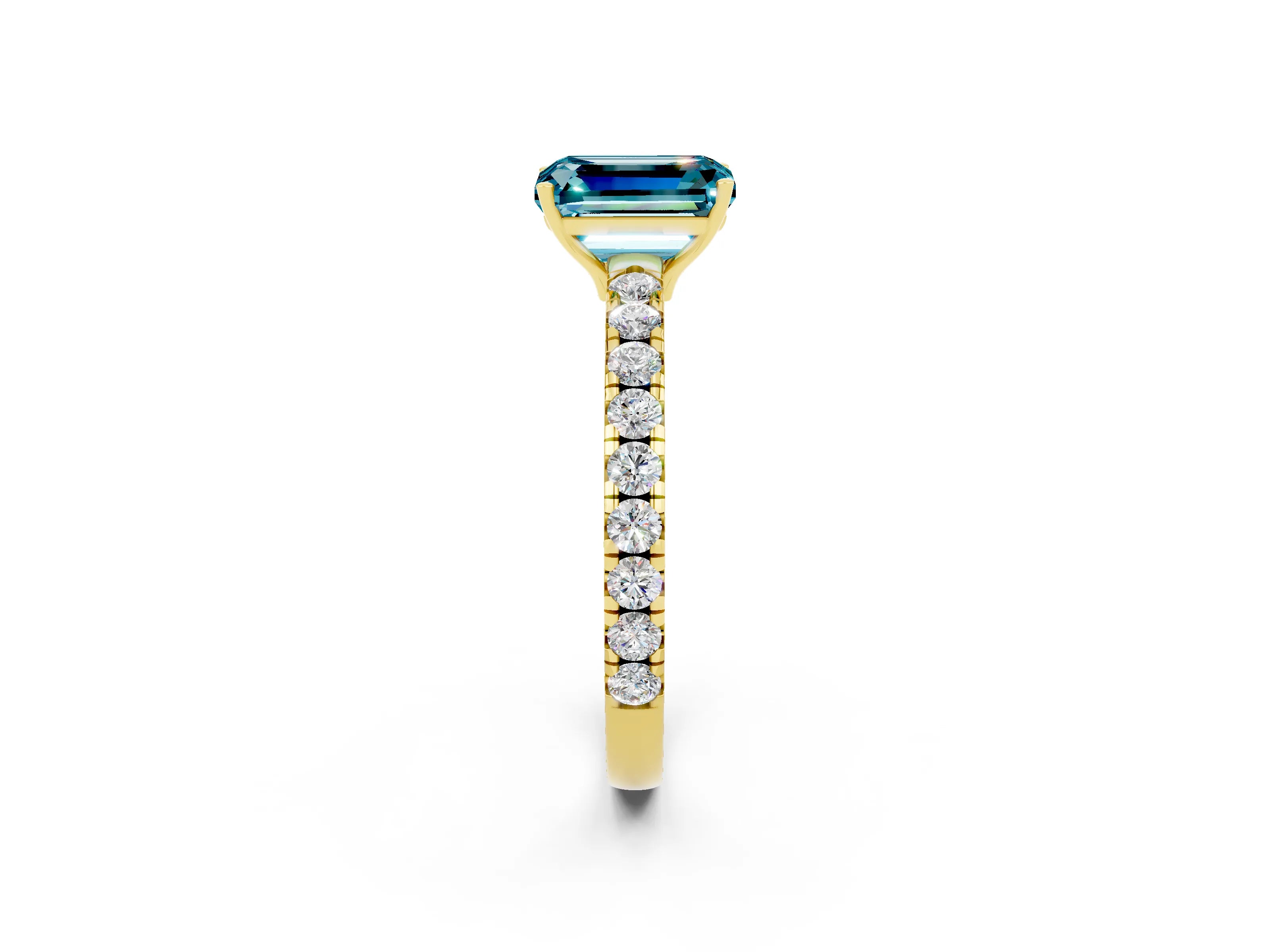 Yellow gold Emerald Cut Blue Topaz Pavé Solitaire Engagement Ring with Four-Prong Setting_14