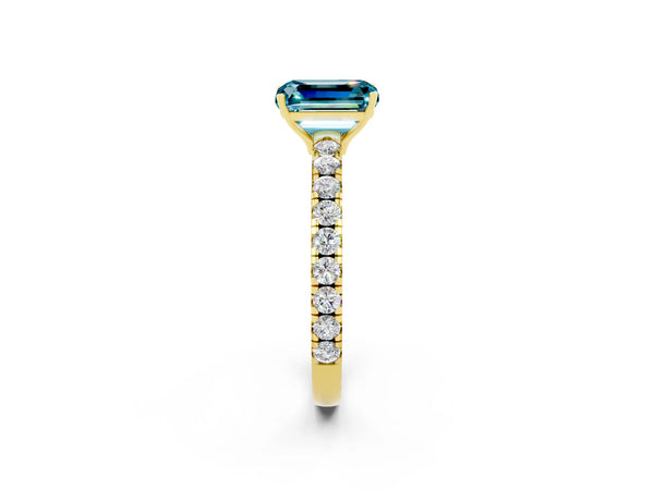 Yellow gold Emerald Cut Blue Topaz Pavé Solitaire Engagement Ring with Four-Prong Setting