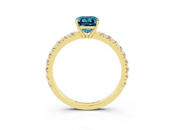 Yellow gold Emerald Cut Blue Topaz Pavé Solitaire Engagement Ring with Four-Prong Setting