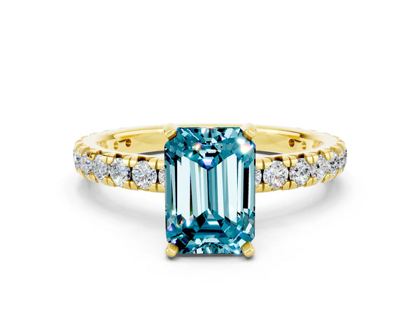 Yellow gold Emerald Cut Blue Topaz Pavé Solitaire Ring with Round Band and Prong Setting