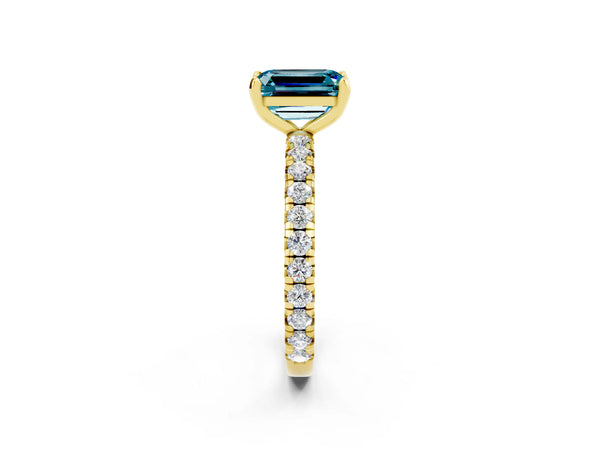 Yellow gold Emerald Cut Blue Topaz Pavé Solitaire Ring with Round Band and Prong Setting