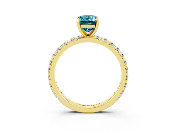Yellow gold Emerald Cut Blue Topaz Pavé Solitaire Ring with Round Band and Prong Setting