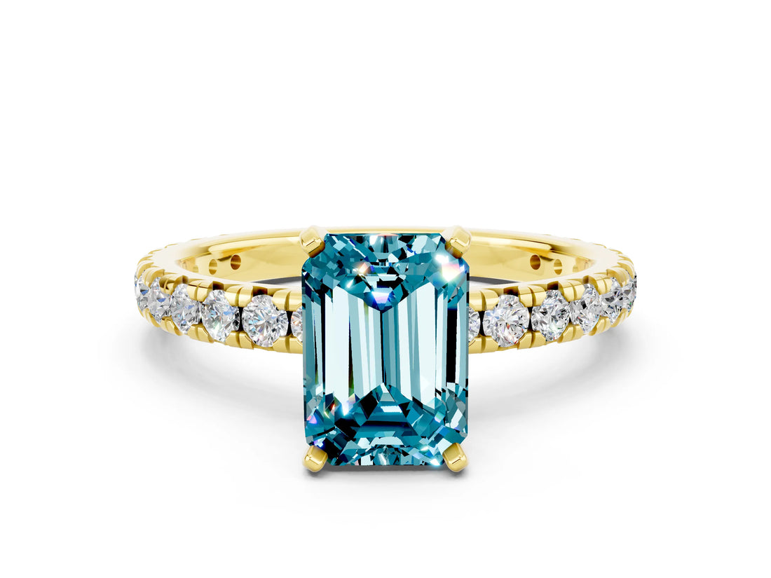 Yellow gold Emerald Cut Blue Topaz Pavé Solitaire Ring with Round Band and Prong Setting_24
