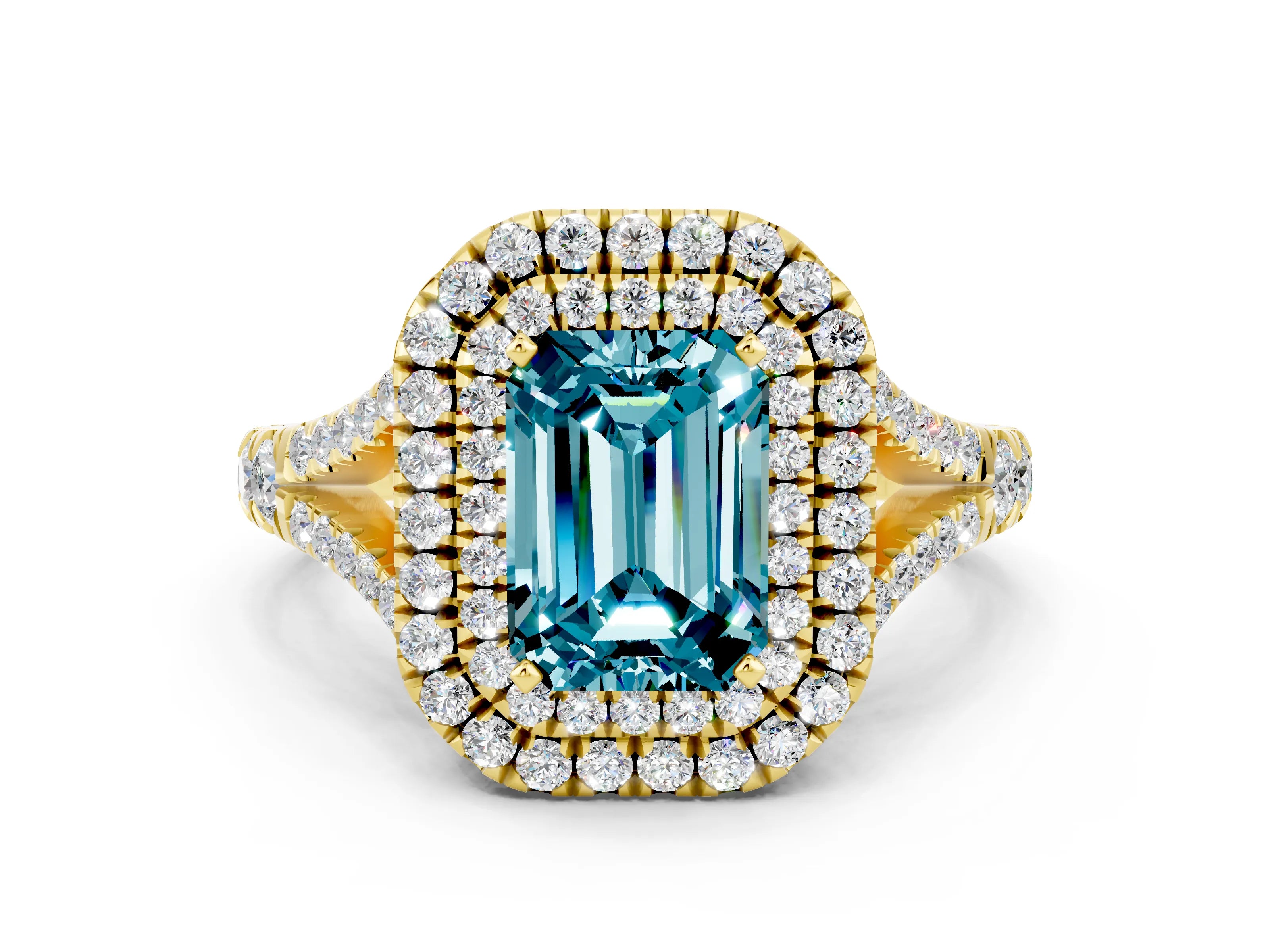 Yellow gold Emerald Cut Blue Topaz Pavé Split Shank Double Halo Engagement Ring