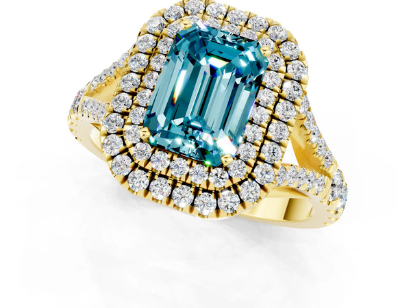 Yellow gold Emerald Cut Blue Topaz Pavé Split Shank Double Halo Engagement Ring
