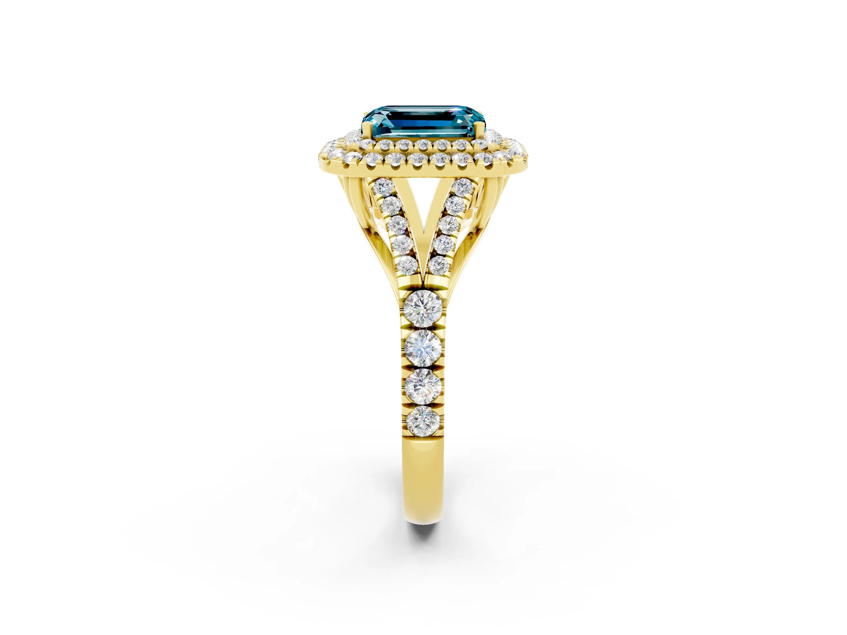 Yellow gold Emerald Cut Blue Topaz Pavé Split Shank Double Halo Engagement Ring_2