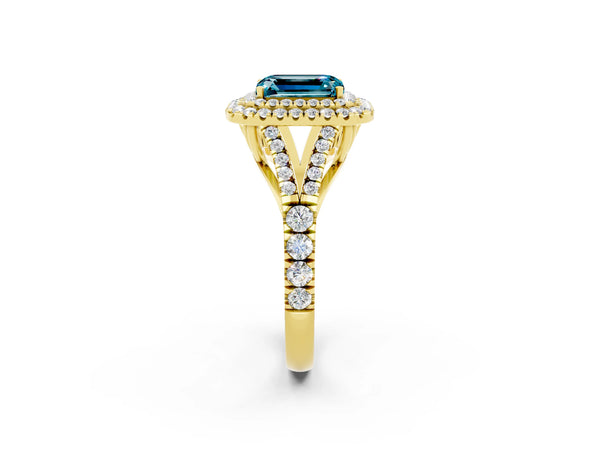 Yellow gold Emerald Cut Blue Topaz Pavé Split Shank Double Halo Engagement Ring