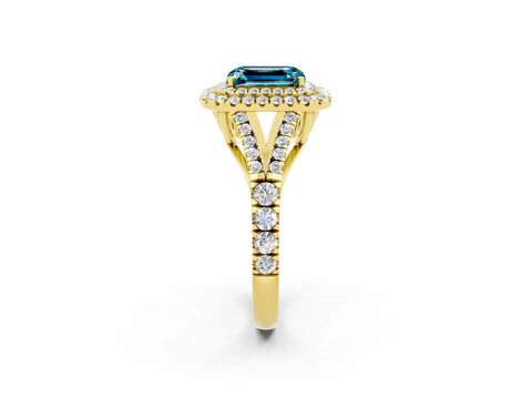 Yellow gold Emerald Cut Blue Topaz Pavé Split Shank Double Halo Engagement Ring_2