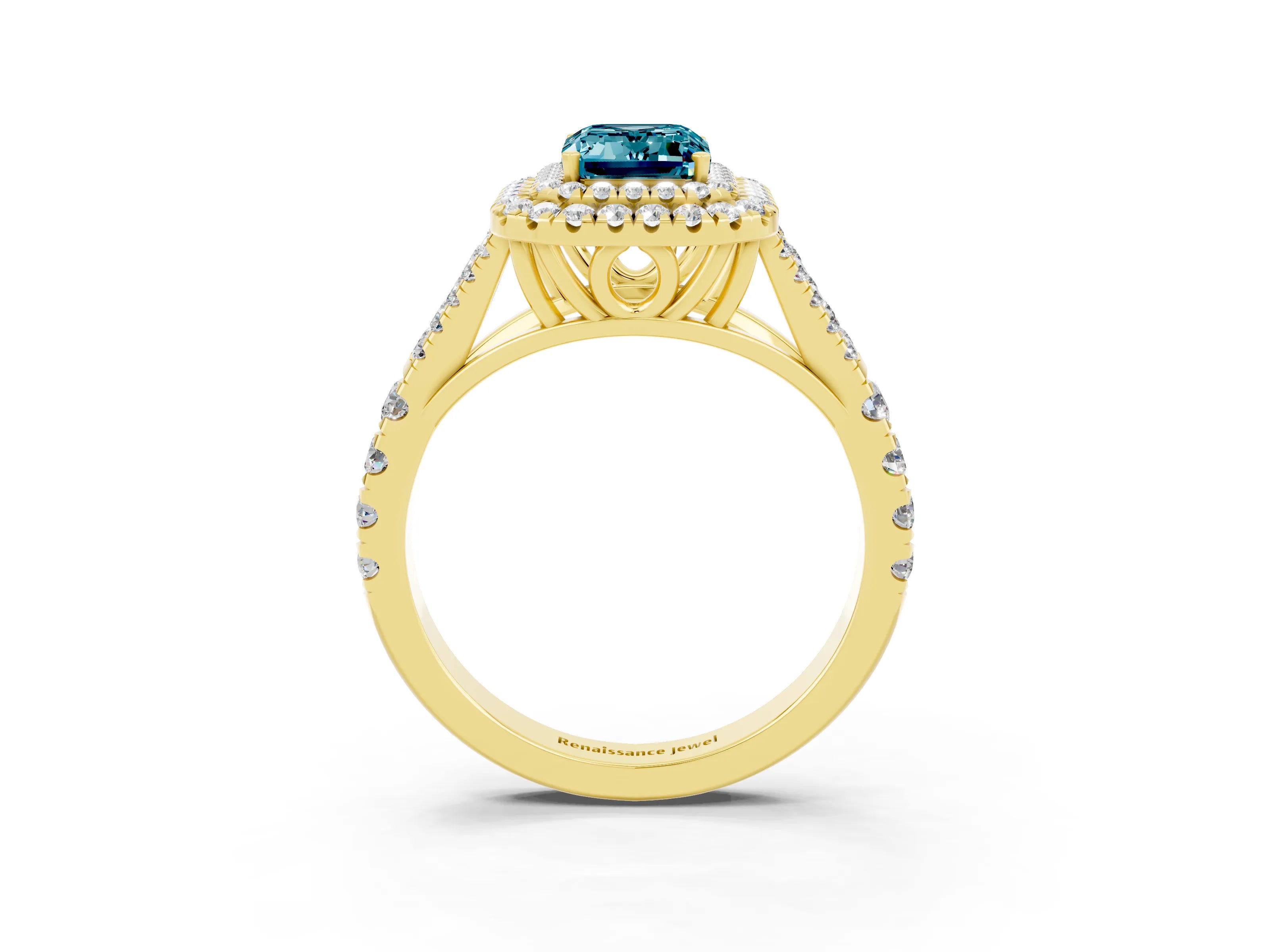 Yellow gold Emerald Cut Blue Topaz Pavé Split Shank Double Halo Engagement Ring_3