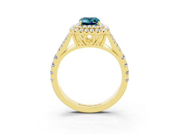 Yellow gold Emerald Cut Blue Topaz Pavé Split Shank Double Halo Engagement Ring
