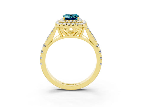 Yellow gold Emerald Cut Blue Topaz Pavé Split Shank Double Halo Engagement Ring_3