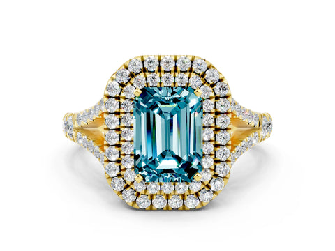 Yellow gold Emerald Cut Blue Topaz Pavé Split Shank Double Halo Engagement Ring