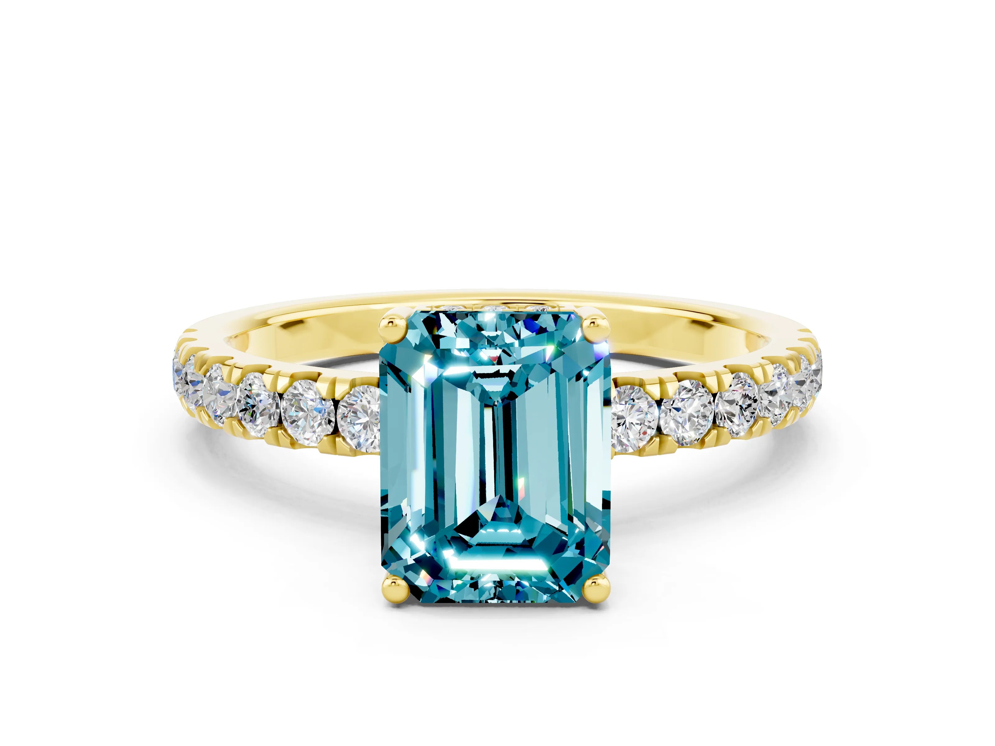 Yellow gold Emerald Cut Blue Topaz Pave Band Solitaire Ring with Four-Prong Setting_36