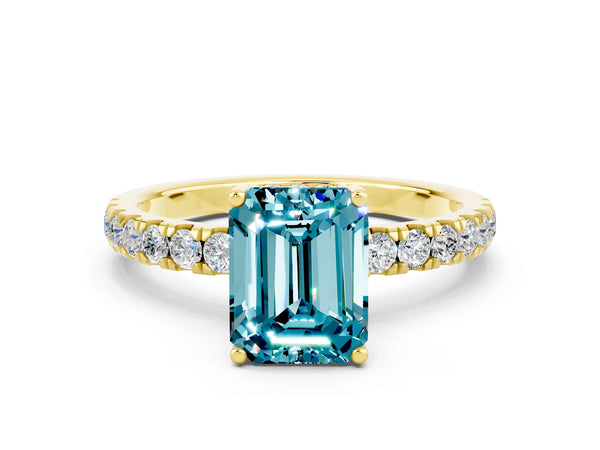 Yellow gold Emerald Cut Blue Topaz Pave Band Solitaire Ring with Round  and Prong Setting