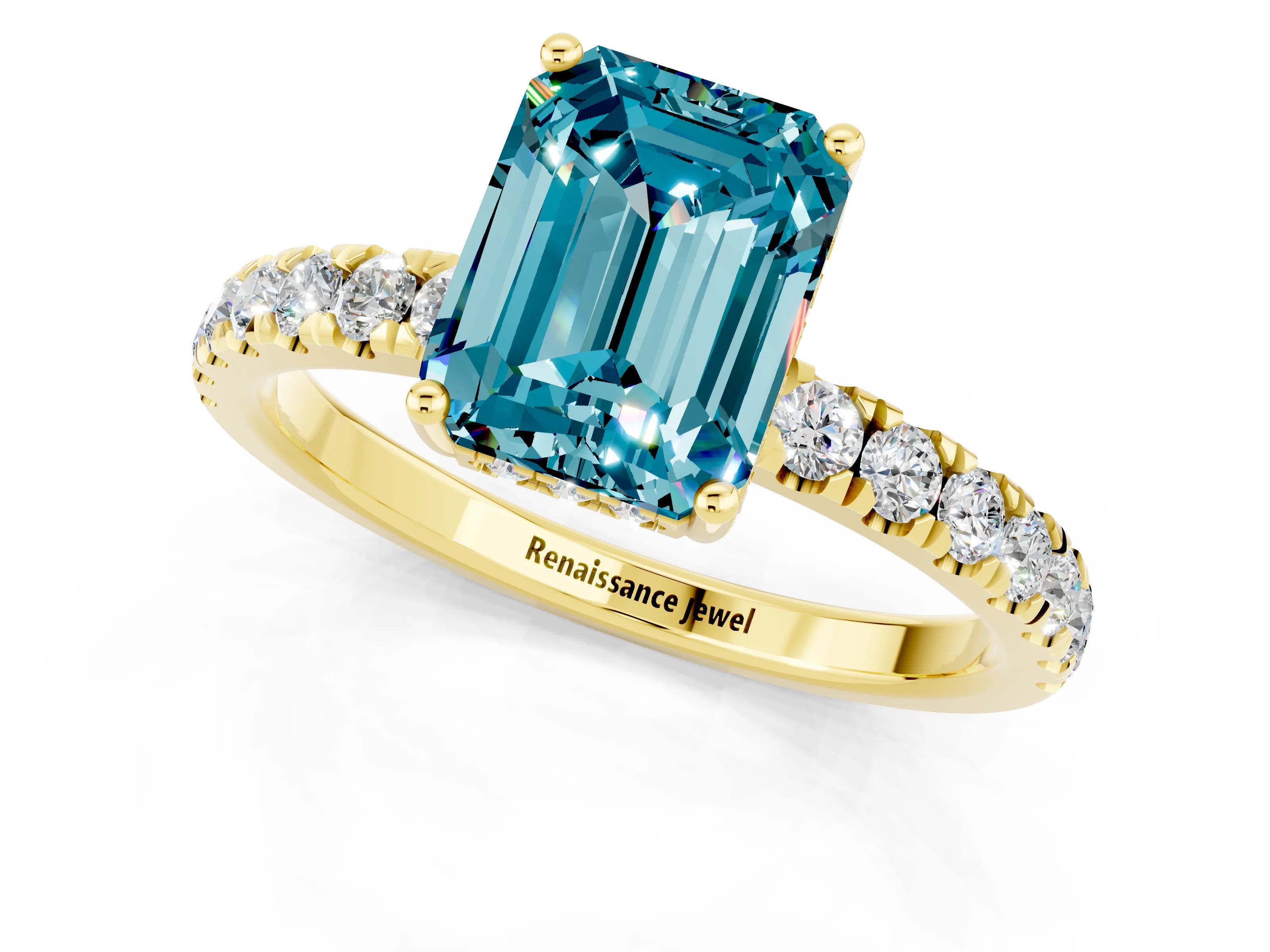 Yellow gold Emerald Cut Blue Topaz Pave Band Solitaire Ring with Four-Prong Setting_37