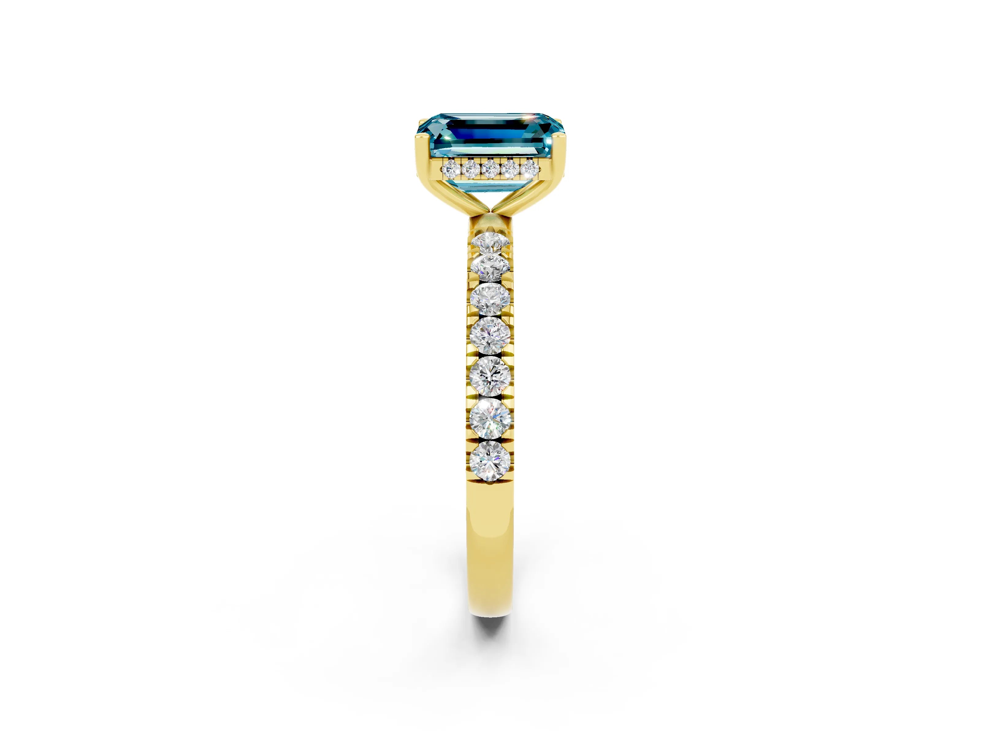 Yellow gold Emerald Cut Blue Topaz Pave Band Solitaire Ring with Four-Prong Setting_38